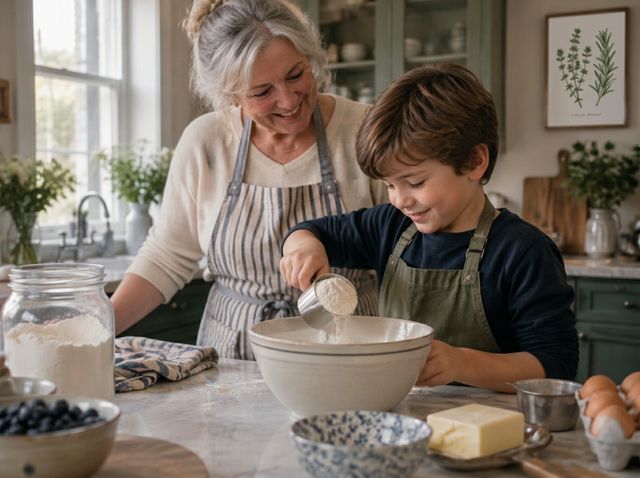 Illustrative scene: a grandmother smiling as a young boy carefully pours flour into a mixing bowl in their kitchen.