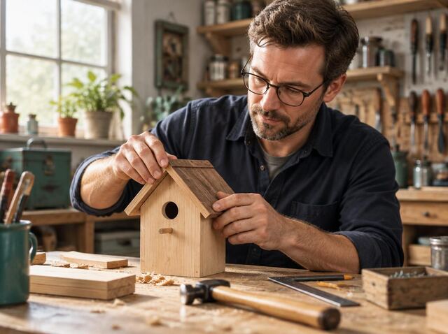 Illustrative scene: a man in glasses fitting the roof onto a wooden birdhouse at a sunlit workshop bench.